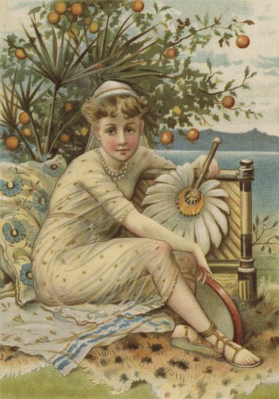 Mädchen mit Fächer unter Orangenbaum von English School