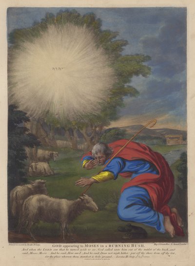 Gott erscheint Moses im brennenden Busch von English School