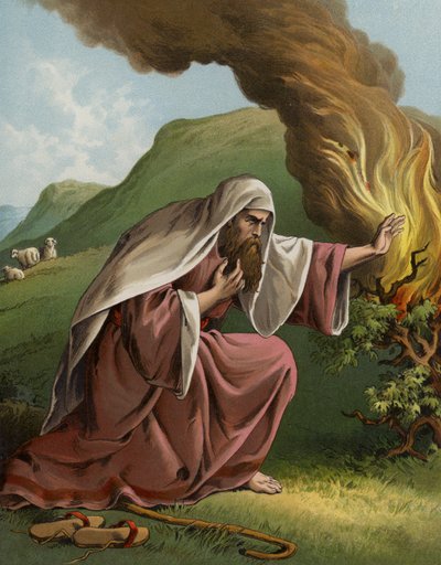 Gott erscheint Moses im brennenden Dornbusch von English School