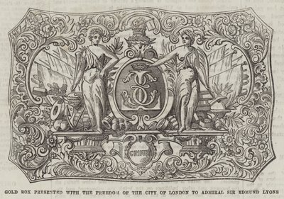 Goldene Schatulle, überreicht mit der Freiheit der Stadt London an Admiral Sir Edmund Lyons (Gravur) von English School