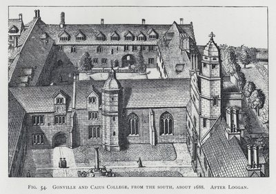 Gonville und Caius College, von Süden, um 1688, nach Loggan (Gravur) von English School