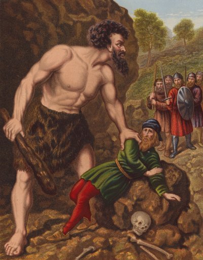 Großherz und seine Gefährten greifen Riese Slay-Good an (Farblithografie) von English School