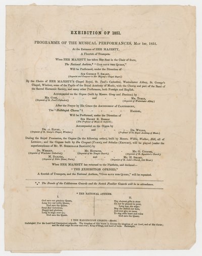Große Ausstellung von 1851. Programm der musikalischen Darbietungen, 1. Mai 1851 von English School