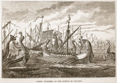 Griechische Trieren in der Schlacht von Salamis von English School