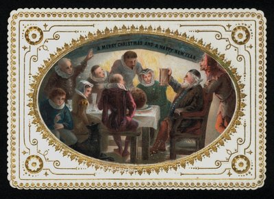 Gruppe von Männern und Frauen aus dem 16. Jahrhundert stoßen auf die Festzeit an, Weihnachtsgrußkarte von English School