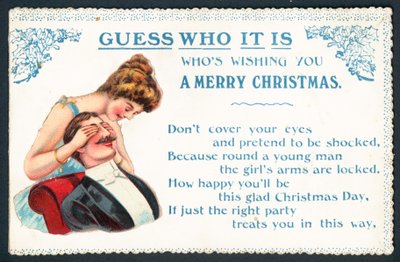 Wer ist es? Dame neckt Mann! Weihnachtskarte von English School