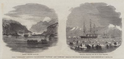 HMS "Termagant" eskortiert die Kanonenboote "Grappler" und "Forward" durch die Magellanstraße (Stich) von English School