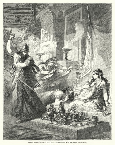 Haman wird von Ahasverus entdeckt, wie er um sein Leben bei Esther fleht (Gravur) von English School
