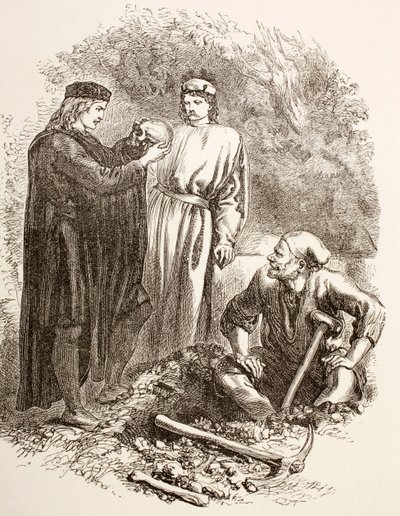 Hamlet hält den Schädel von Yorick, Illustration von Akt V, Szene I in Hamlet, aus 