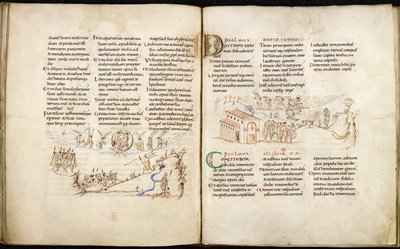 Doppelseitige Ausbreitung aus dem Harley Psalter mit Federzeichnungen von English School