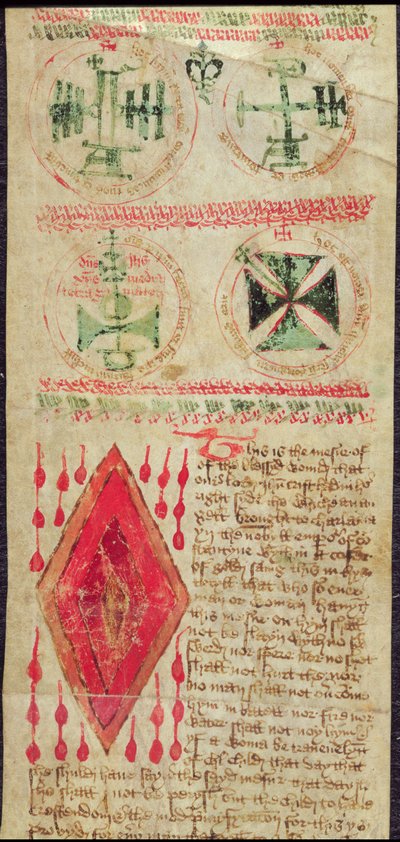 Magische Figuren und die Wunde Christi aus einer Gebetsrolle von English School