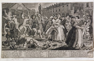 Er und seine betrunkenen Gefährten verursachen einen Aufruhr im Covent Garden, 1735 von English School