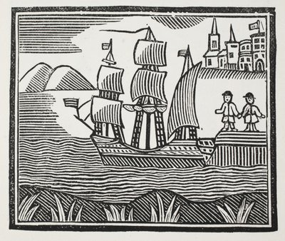 Er sticht in See auf seiner ereignisreichen Reise, Illustration aus Chap-books des achtzehnten Jahrhunderts von John Ashton, veröffentlicht 1882 von English School