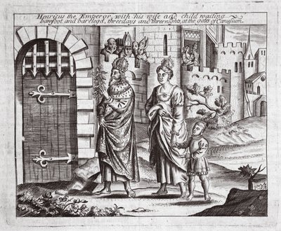 Henricus der Kaiser mit seiner Frau und seinem Kind, barfuß und barbeinig, drei Tage und drei Nächte vor den Toren von Canusuam wartend, Illustration aus Acts and Monuments von John Foxe, neunte Ausgabe von English School