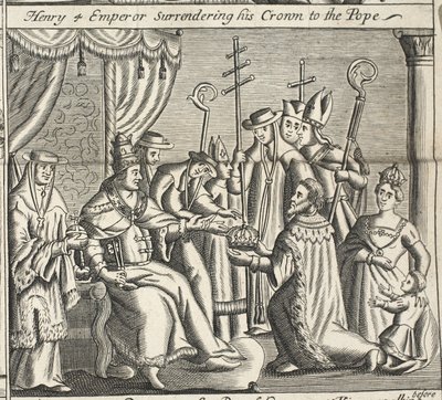 Heinrich IV. Kaiser übergibt seine Krone dem Papst, Illustration aus Acts and Monuments von John Foxe, neunte Ausgabe, veröffentlicht 1684 von English School