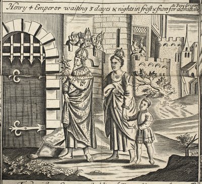 Heinrich IV. Kaiser wartet 3 Tage und Nächte im Frost und Schnee auf Einlass zu Papst Gregor, Illustration aus Acts and Monuments von John Foxe, neunte Ausgabe, veröffentlicht 1684 von English School