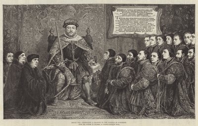 Heinrich VIII. überreicht eine Charta an das College of Surgeons (Stich) von English School