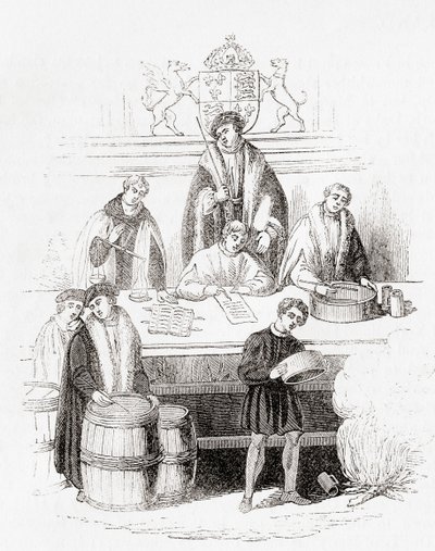 Heinrich VII. prüft Gewichte und Maße im Schatzamt im Jahr 1497, aus Old England: A Pictorial Museum, veröffentlicht 1847 von English School
