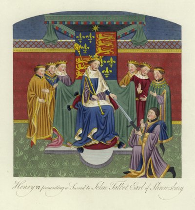 Heinrich VI., König von England, überreicht ein Schwert an John Talbot, Earl of Shrewsbury, 15. Jahrhundert von English School
