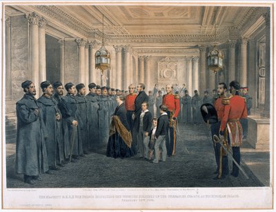 Ihre Majestät Königin Victoria (1819-1901) und H.R.H. Prinz Albert (1819-61) inspizieren die verwundeten Soldaten der Grenadier Guards im Buckingham Palace, 1855 von English School
