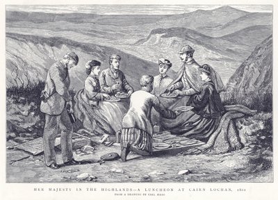 Ihre Majestät in den Highlands - Ein Mittagessen in Cairn Lochan, 1861 von English School