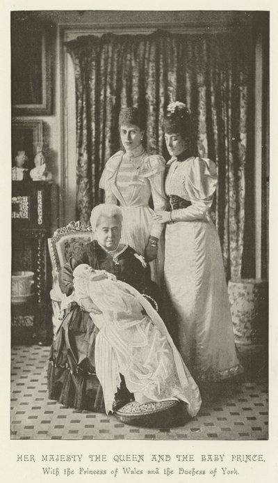 Ihre Majestät die Königin und der Baby-Prinz, mit der Prinzessin von Wales und der Herzogin von York von English School