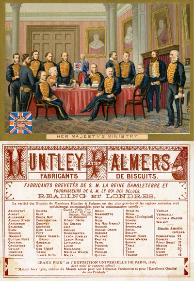 Das Ministerium Ihrer Majestät, Vorder- und Rückseite einer Werbekarte für Huntley & Palmers Biscuits, produziert für den französischen Markt ca. 1890 von English School