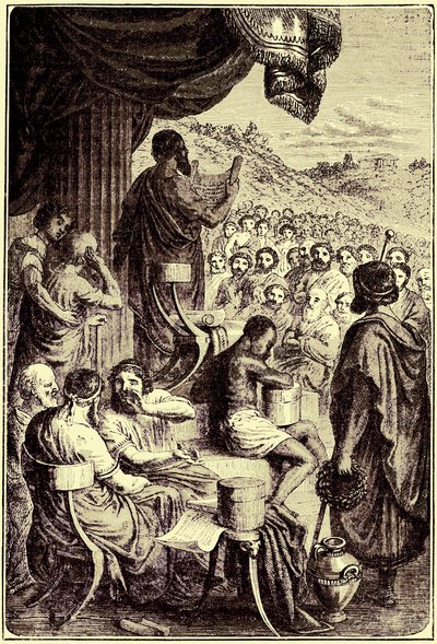 Herodot liest seine Geschichte auf einem öffentlichen Fest, Illustration aus Die Illustrierte Geschichte der Welt, veröffentlicht um 1880 von English School