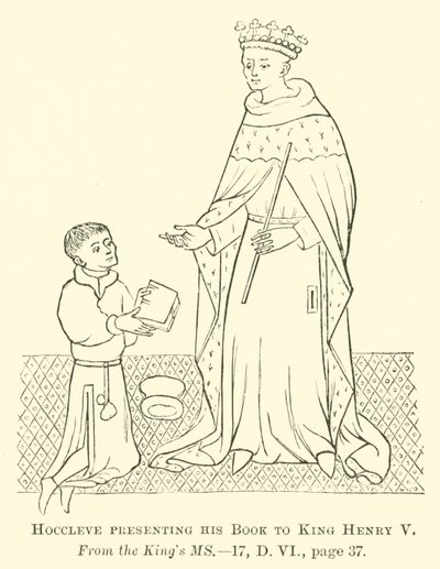 Hoccleve überreicht sein Buch König Heinrich V. von English School