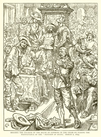 Den Sprecher des Unterhauses im Stuhl festhaltend bei der Verabschiedung der Petition of Right, 2. März 1629 von English School
