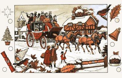 Pferd und Kutsche im Schnee. Suchbild von English School