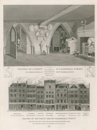 Häuser auf der Nordseite der Leadenhall Street, errichtet auf dem Gelände der durch das große Feuer von 1765 zerstörten Gebäude von English School