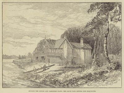 Unterbringung der Oxford- und Cambridge-Boote, das Bootshaus des Grove Park Ruderclubs (Gravur) von English School