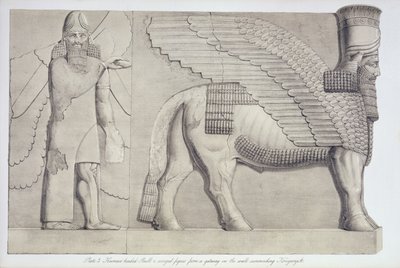 Menschlicher Stierkopf und geflügelte Figur von einem Tor an der Mauer um Koujunjik, Tafel 3 aus Ninive und seine Überreste von Austen Henry Layard (1817-94) veröffentlicht 1849 von English School