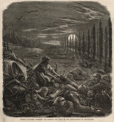 Menschliche Geier plündern und berauben die Toten auf dem Schlachtfeld von Gravelotte (Gravur) von English School