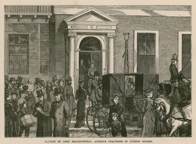 Krankheit von Lord Beaconsfield: besorgte Fragesteller in der Curzon Street, London von English School