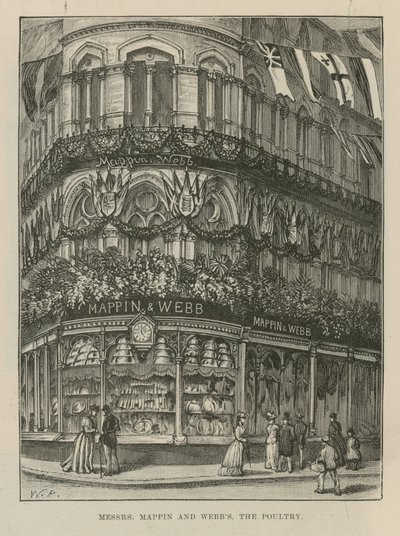 Illuminationen und Dekorationen schmücken Messrs Mappin und Webb von English School