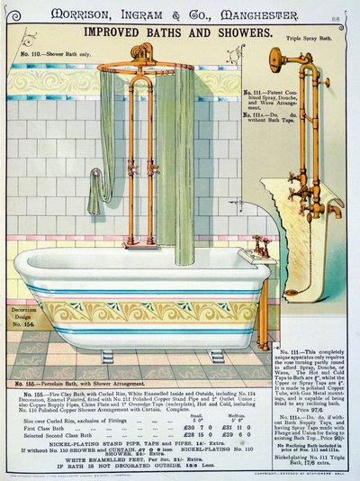 Verbesserte Bäder und Duschen aus einem Katalog von Sanitärartikeln, produziert von Morrison, Ingram & Co., Manchester, veröffentlicht um 1890 von English School