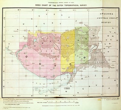 Indexkarte der Kutch-Topographischen Vermessung durch die Trigonometrische Abteilung, Vermessung von Indien, Dehra Dun, November 1884 von English School