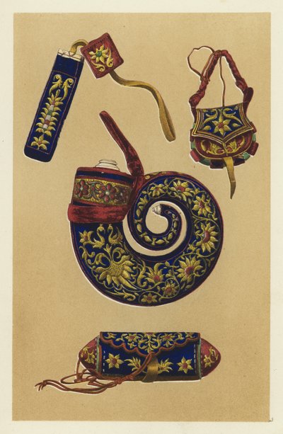 Indisches Pulverhorn und drei Stücke Luntenschlossmöbel (Chromolitho) von English School