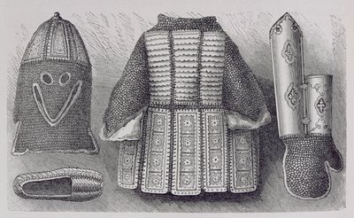 Indische Rüstung bestehend aus Helm, Tunika, Handschuhen und Schuhen aus Bhuj, aus Die Geschichte der Menschheit, Bd.III, von Prof. Friedrich Ratzel, 1898 von English School