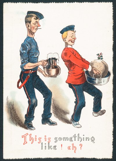 Betrunkene Herren tragen Pflaumenpudding und Getränk (Humorvoll), Weihnachtskarte von English School