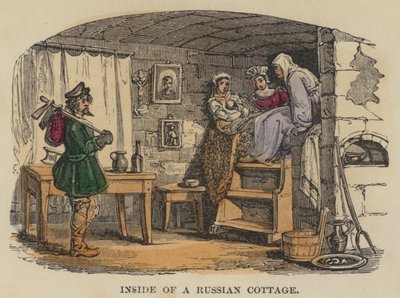 Inneres einer russischen Hütte (kolorierte Gravur) von English School