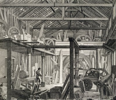 Innenansicht des Versammlungshauses von John Bunyan in der Zoar Street, Gravel Lane, Southwark, genutzt als Werkstatt und Sägewerk, ca. 1822 von English School