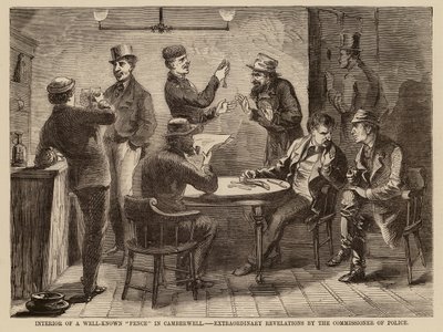 Innenansicht eines bekannten "Zauns" in Camberwell, außergewöhnliche Enthüllungen durch den Polizeikommissar (Gravur) von English School