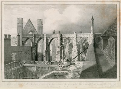 Innenansicht der Häuser von Lords und Commons am Tag nach den Bränden, aufgenommen vom Dach der Westminster Hall von English School