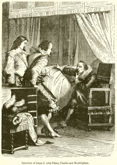 Treffen von James I. mit Prinz Charles und Buckingham von English School