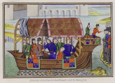 Interview auf der Themse zwischen König Richard II. und den Aufständischen (farbige Gravur) von English School