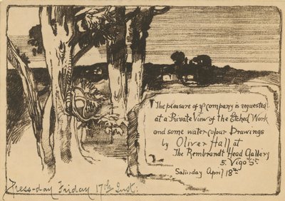 Einladung zu einer Ausstellung von Aquarellzeichnungen von Oliver Hall von English School
