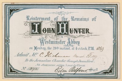 Einladung zur Wiederbestattung von John Hunters Überresten in der Westminster Abbey, London, 28. März 1859 von English School